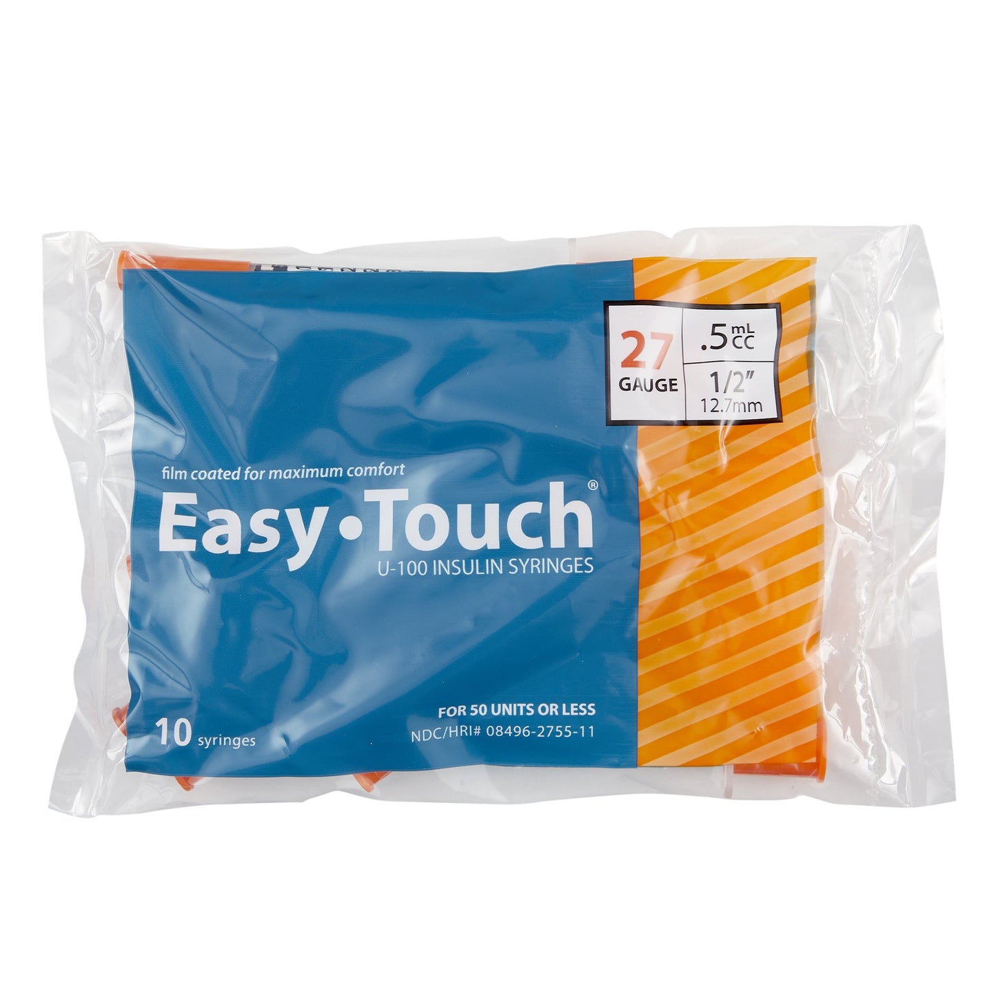 Standard Insulin Syringe with Needle EasyTouch™ 0.5 mL 1/2 Inch 27 Gauge NonSafety Thin Wall