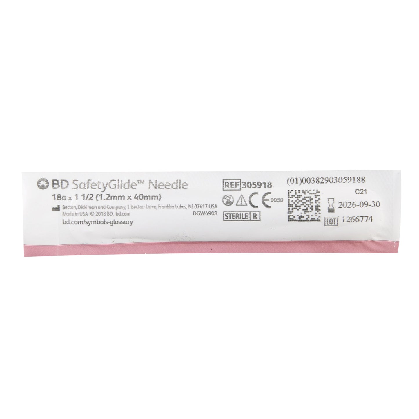 BD 305918 Safety Hypodermic Needle SafetyGlide™ 1-1/2 Inch Length 18 Gauge Thin Wall Sliding Safety Needle