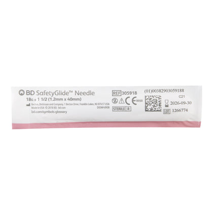 BD 305918 Safety Hypodermic Needle SafetyGlide™ 1-1/2 Inch Length 18 Gauge Thin Wall Sliding Safety Needle