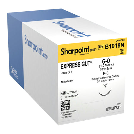 Surgical Specialties B1918N Plain Gut Absorbable Suture with Needle, Size 6-0, P-3, Monofilament