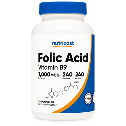 Dietary Supplement nutricost® Folic Acid (Vitamin B9) Folate 1,000 mcg Strength Capsule 240 Per Bottle