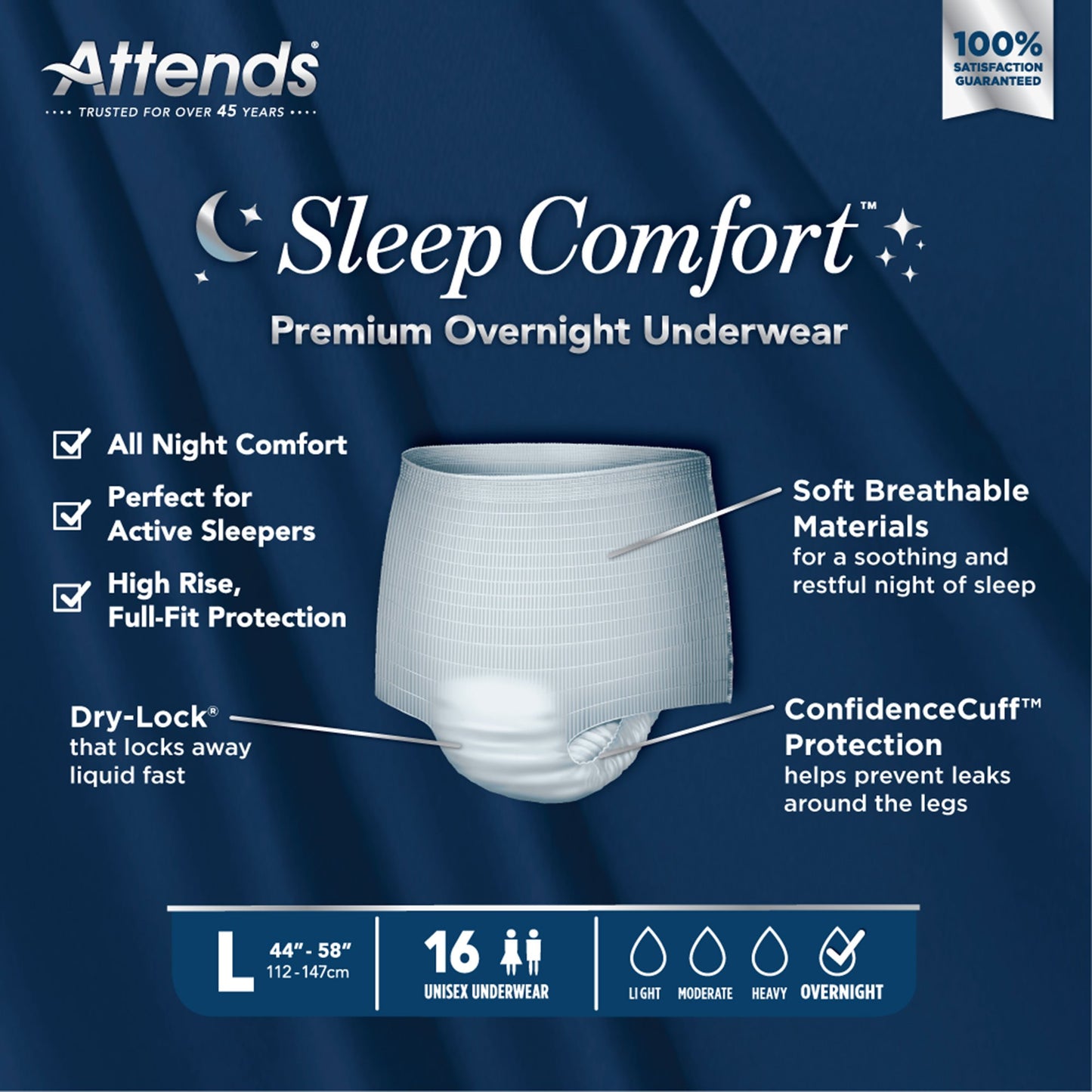 Attends® Sleep Comfort Premium Overnight Underwear, Large, 44 – 58 Inches