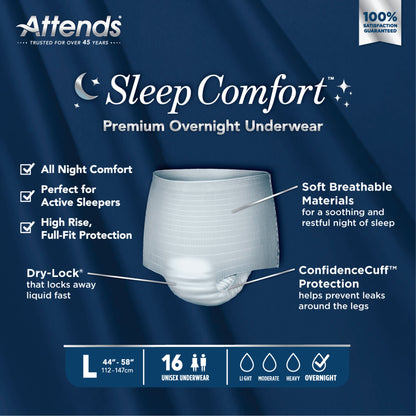 Attends® Sleep Comfort Premium Overnight Underwear, Large, 44 – 58 Inches