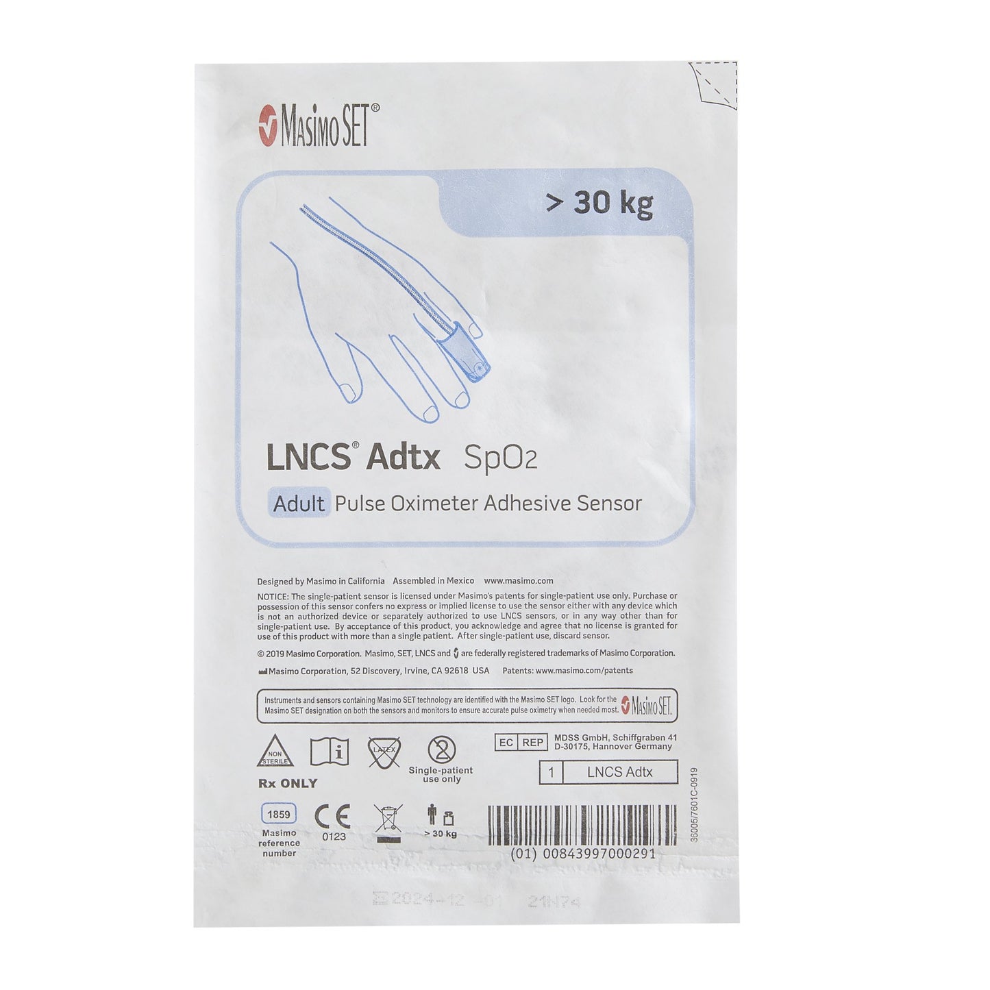 An unboxed Masimo 1859 pulse oximeter sensor showing the flexible adult adhesive finger wrap, optical window, and integrated 18-inch cable.