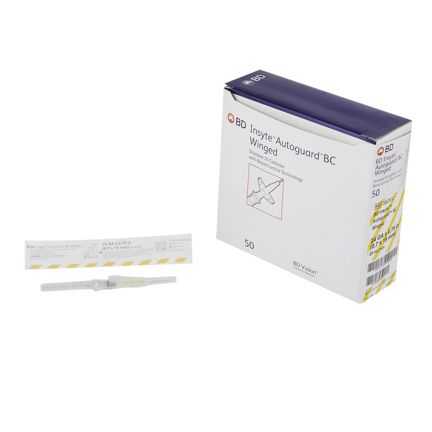 BD 382612 Peripheral IV Catheter Insyte™ Autoguard™ BC 24 Gauge 3/4 Inch BD Vialon Winged Hub Blood Control Push Button Safety