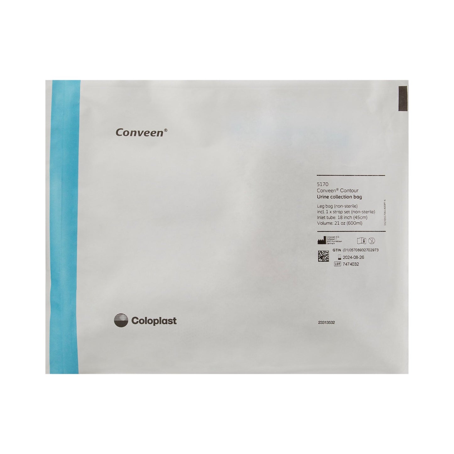 Conveen® Contour Urinary Leg Bag: Anti-Reflux Valve, Polyethylene/Flocked, 600mL