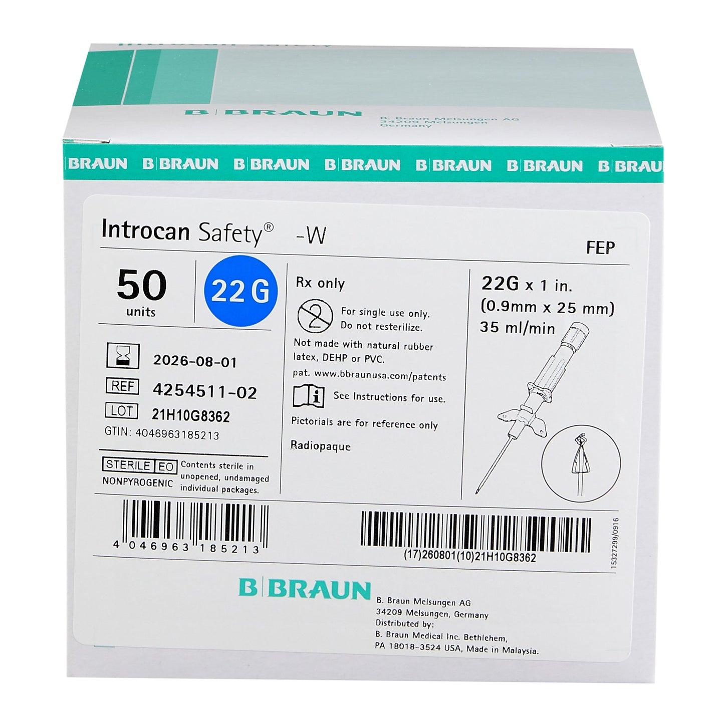 Introcan Safety® Peripheral IV Catheter, 24 Gauge, Straight, Notched