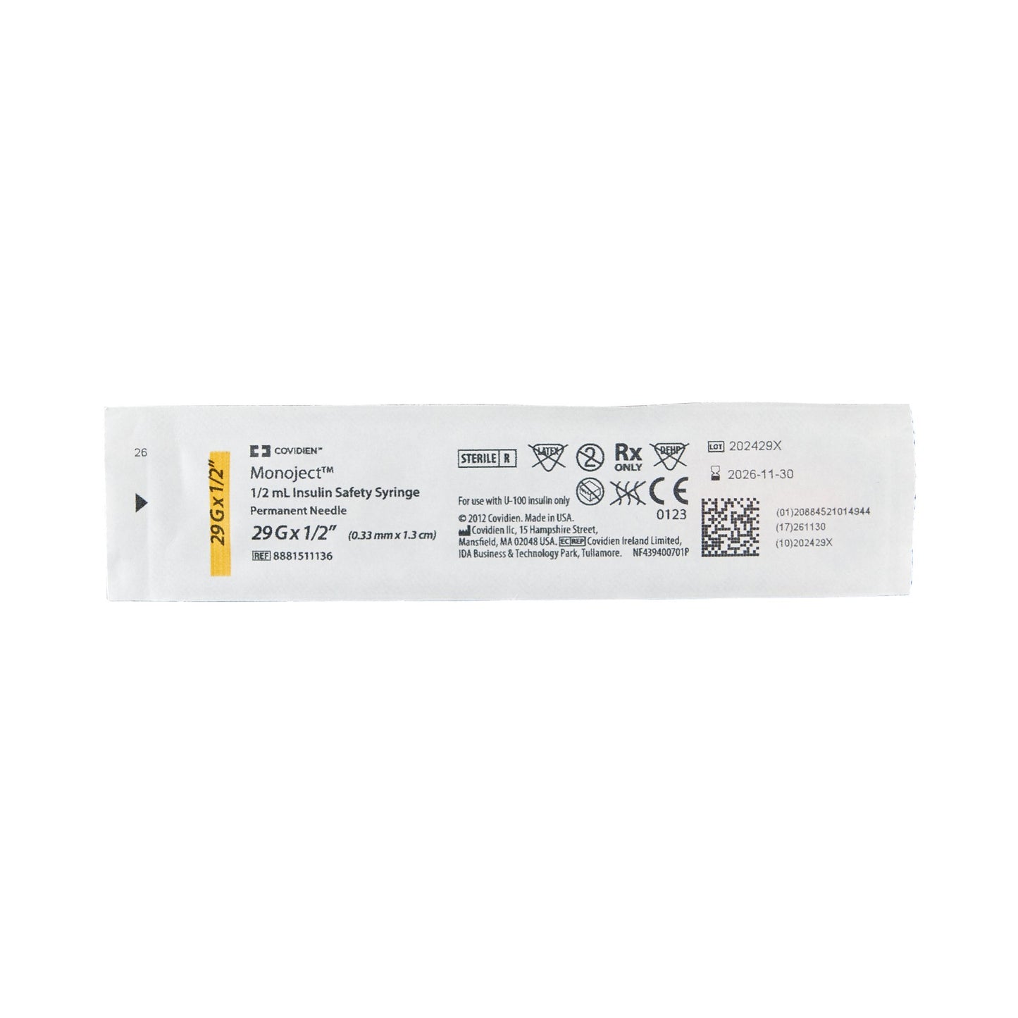 Monoject™ Insulin Syringe with Needle, 29 Gauge, 1/2 Inch Needle Length