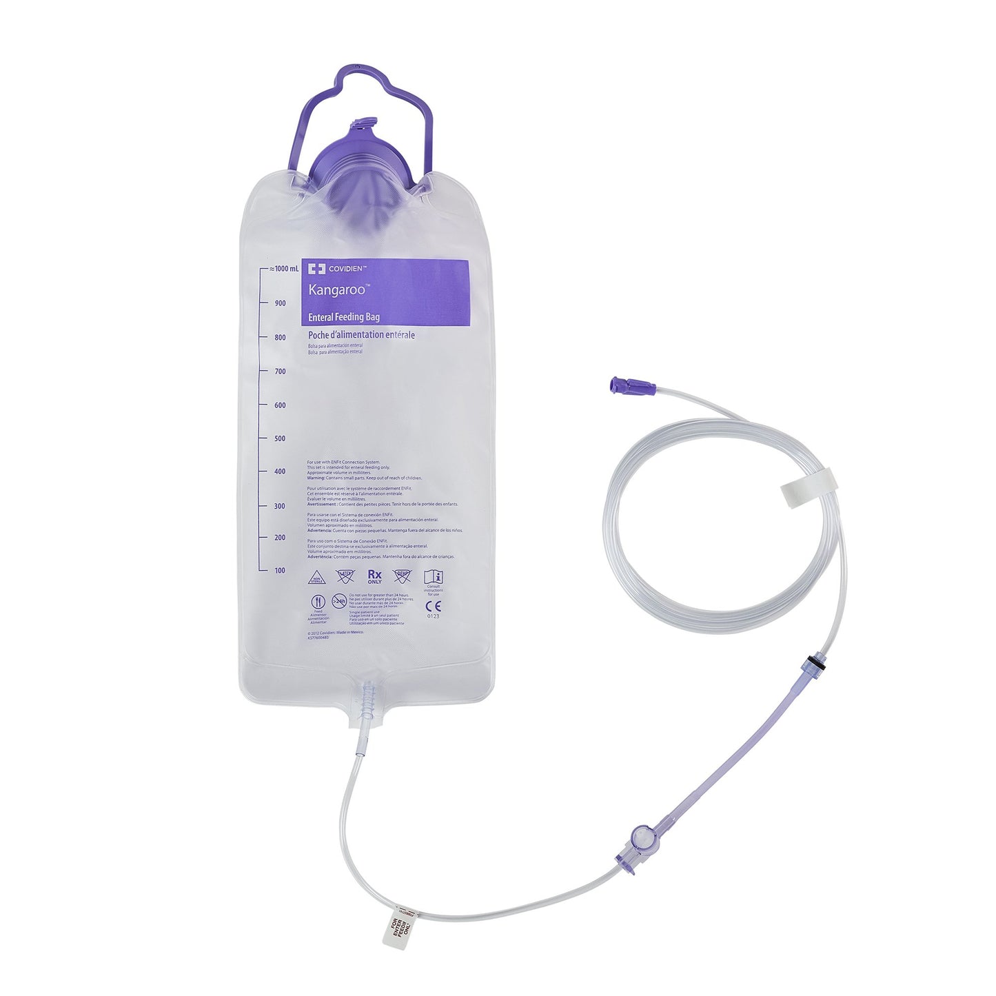An unboxed Cardinal Health 763656 feeding set showing the 1000 mL graduated PVC bag, integrated line tubing, and compact Kangaroo Joey pump cassette.