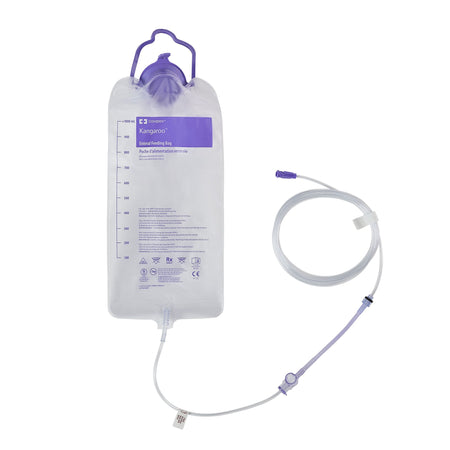 An unboxed Cardinal Health 763656 feeding set showing the 1000 mL graduated PVC bag, integrated line tubing, and compact Kangaroo Joey pump cassette.