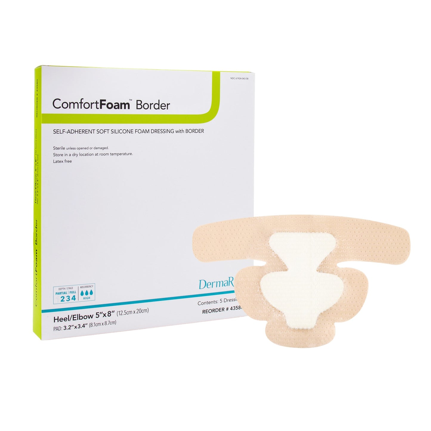 Dermarite 43580 ComfortFoam™ Bordered Foam Wound Dressing w/ Soft Silicone Adhesive, 5 x 8 Inch