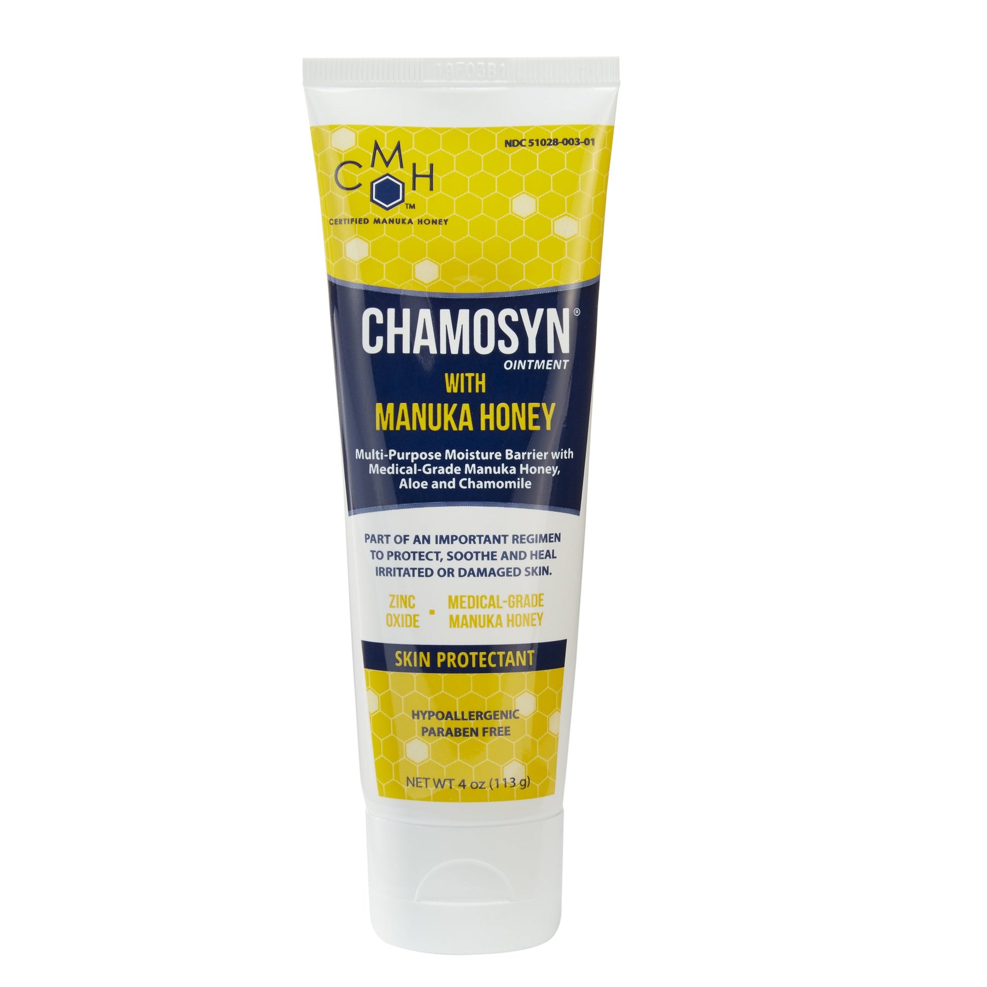 A 4oz tube of Chamosyn skin barrier ointment with moisture-shielding Manuka honey at Lexicon Medical Supply.