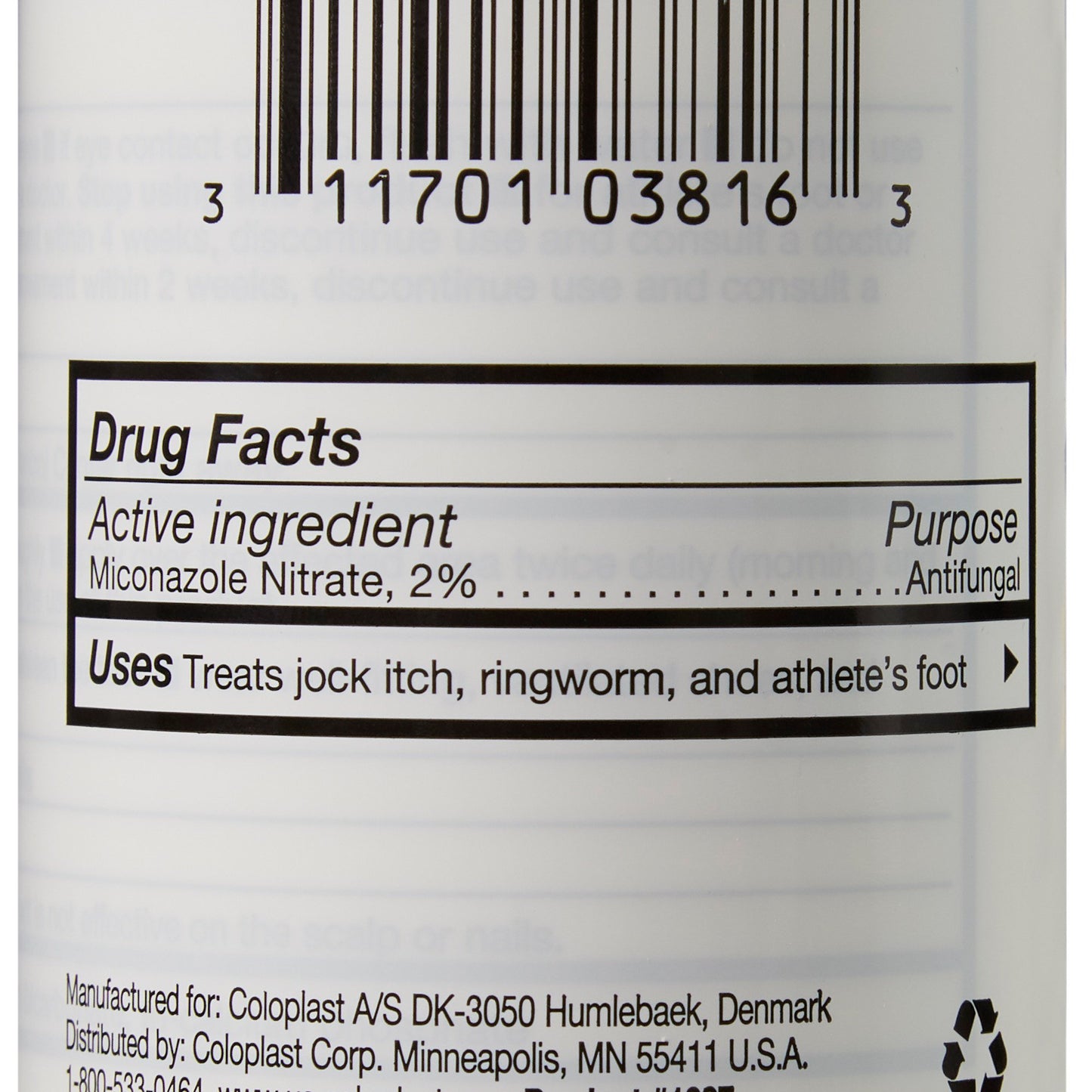Drug facts and active ingredients label on the back of a Coloplast Micro-Guard 1337 antifungal powder bottle.