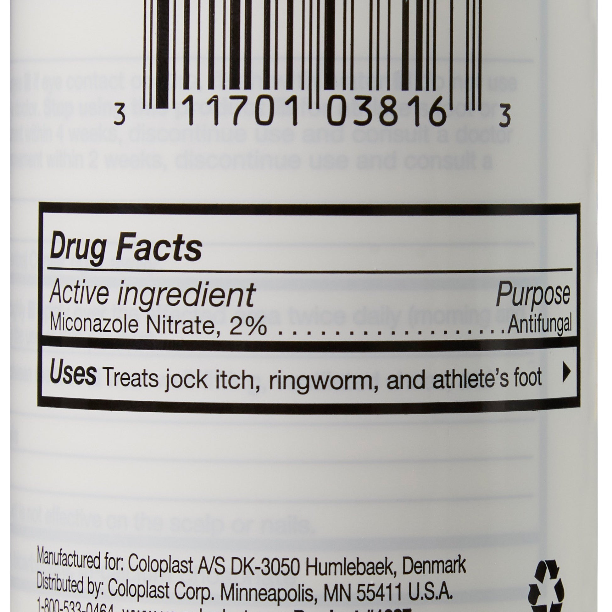 Drug facts and active ingredients label on the back of a Coloplast Micro-Guard 1337 antifungal powder bottle.