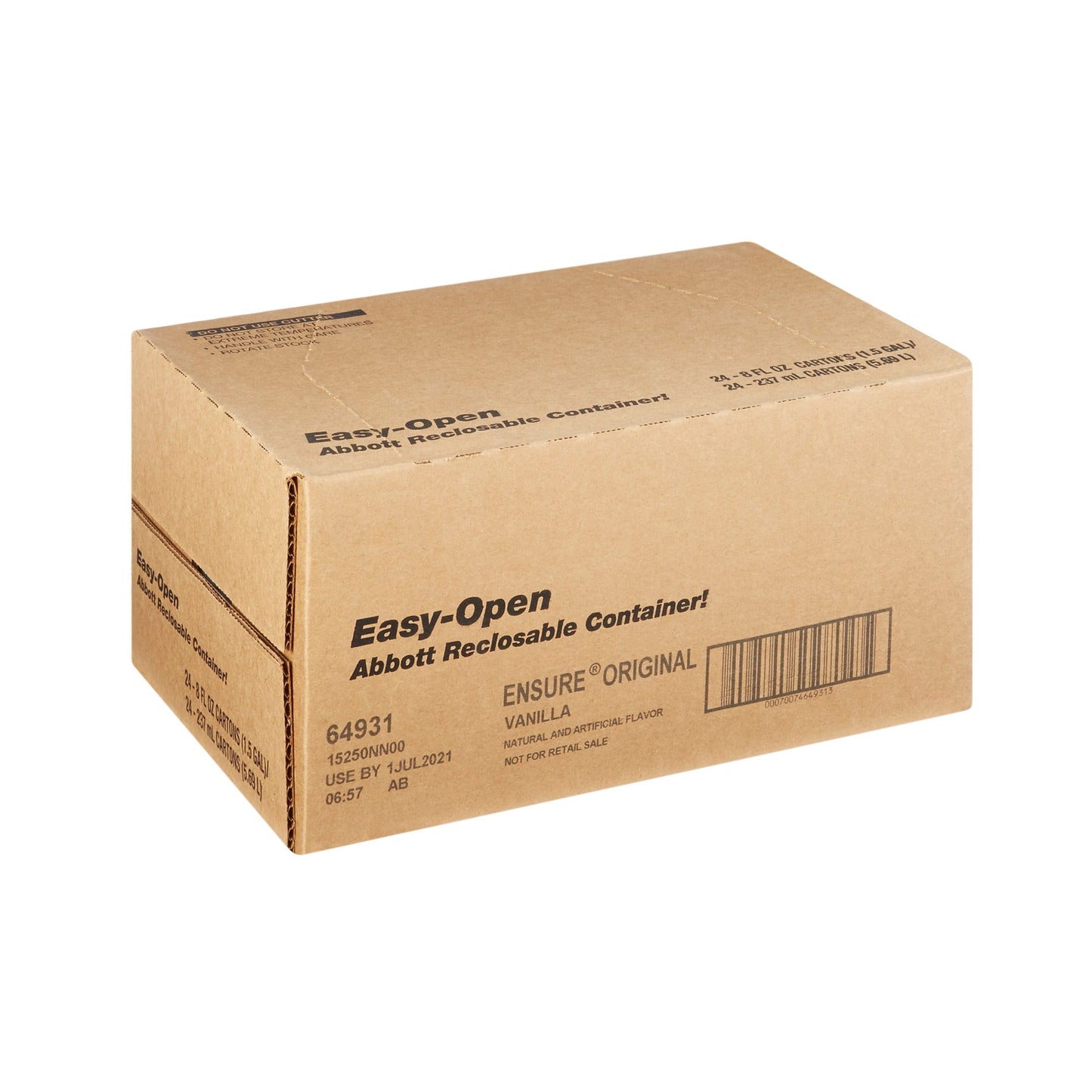 A wholesale institutional case of 24 Abbott 64931 Ensure Original vanilla therapeutic nutrition 8 oz square cartons.