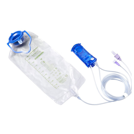 An unboxed Cardinal Health BSPFF set displaying the dual 1000 mL feed and flush graduated bags, clear manifold lines, and rigid teal OMNI pump cassette.