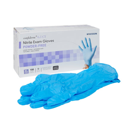 McKesson 14-680C Confiderm 6.5CX Nitrile Extended Cuff Length Exam Glove, X-Large, Blue
