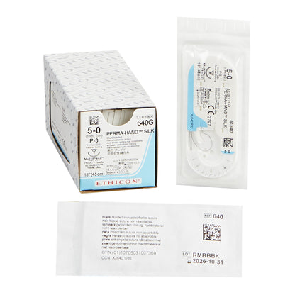 Ethicon 640G Nonabsorbable Suture with Needle Perma-Hand™ Silk P-3 3/8 Circle Precision Reverse Cutting Needle Size 5-0 Braided