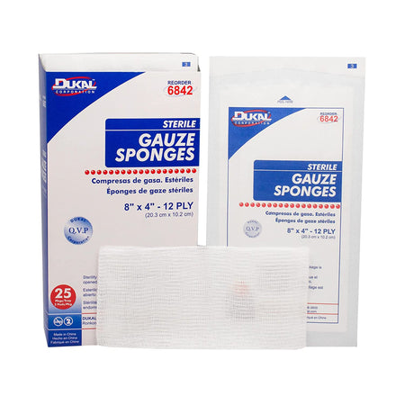 Dukal 6842 Sterile Gauze Sponge, 4 x 8 Inch, 12-Ply