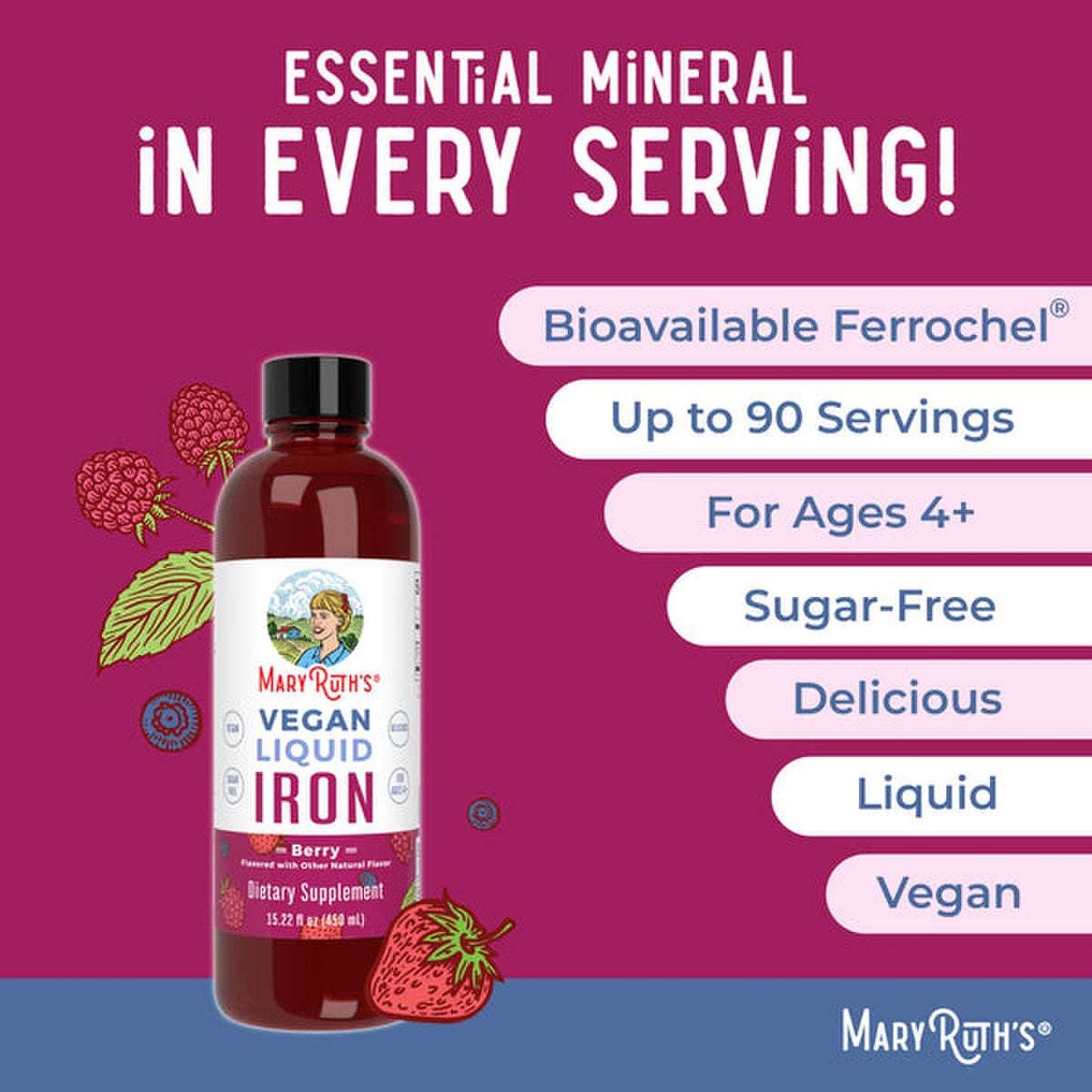 Dietary Supplement Mary Ruth's® Liquid Iron Iron 6 to 18 mg Strength Liquid 16 oz. Berry Flavor
