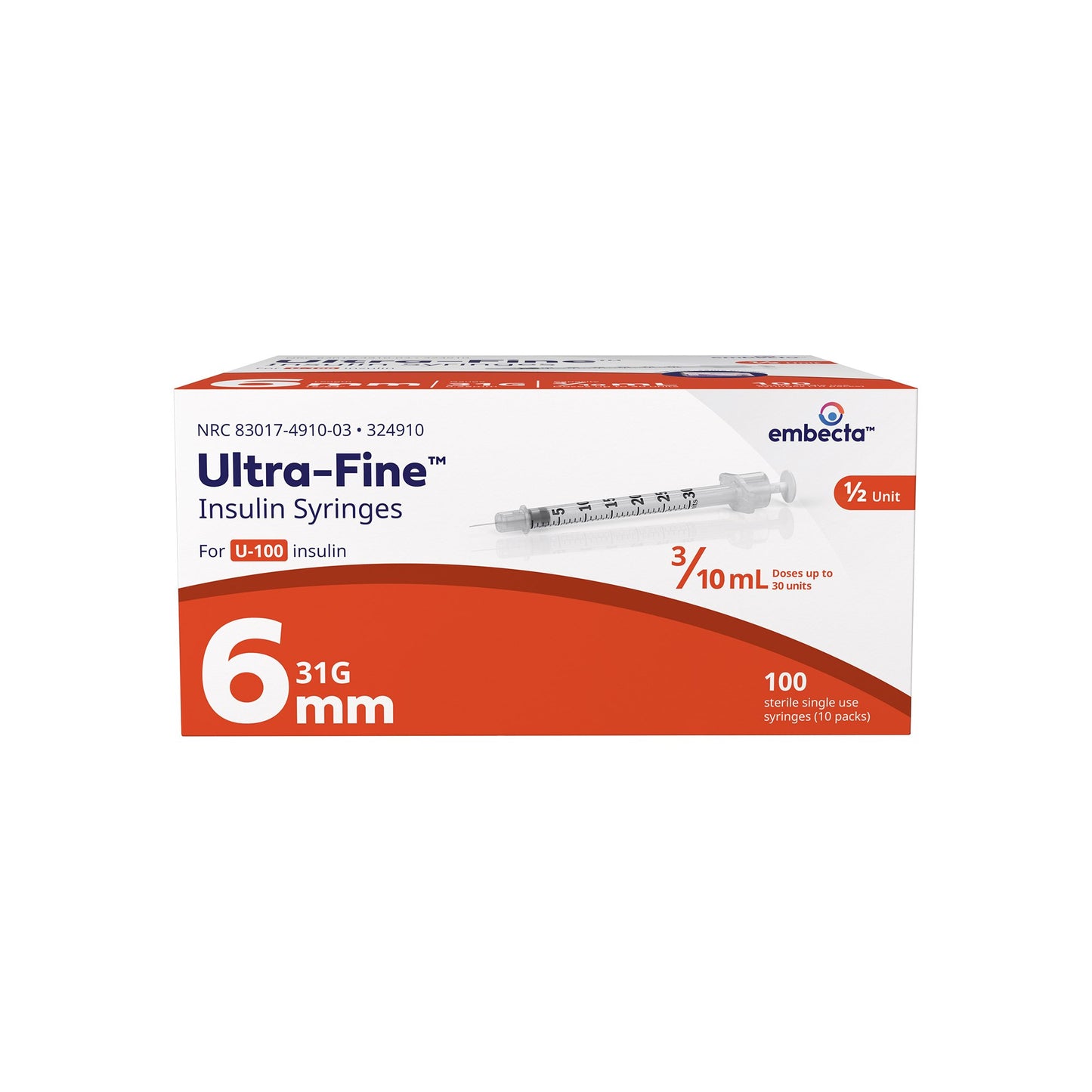 BD 324910 Standard Insulin Syringe with Needle Veo™ Ultra-Fine™ 0.3 mL 15/64 Inch 31 Gauge NonSafety Regular Wall