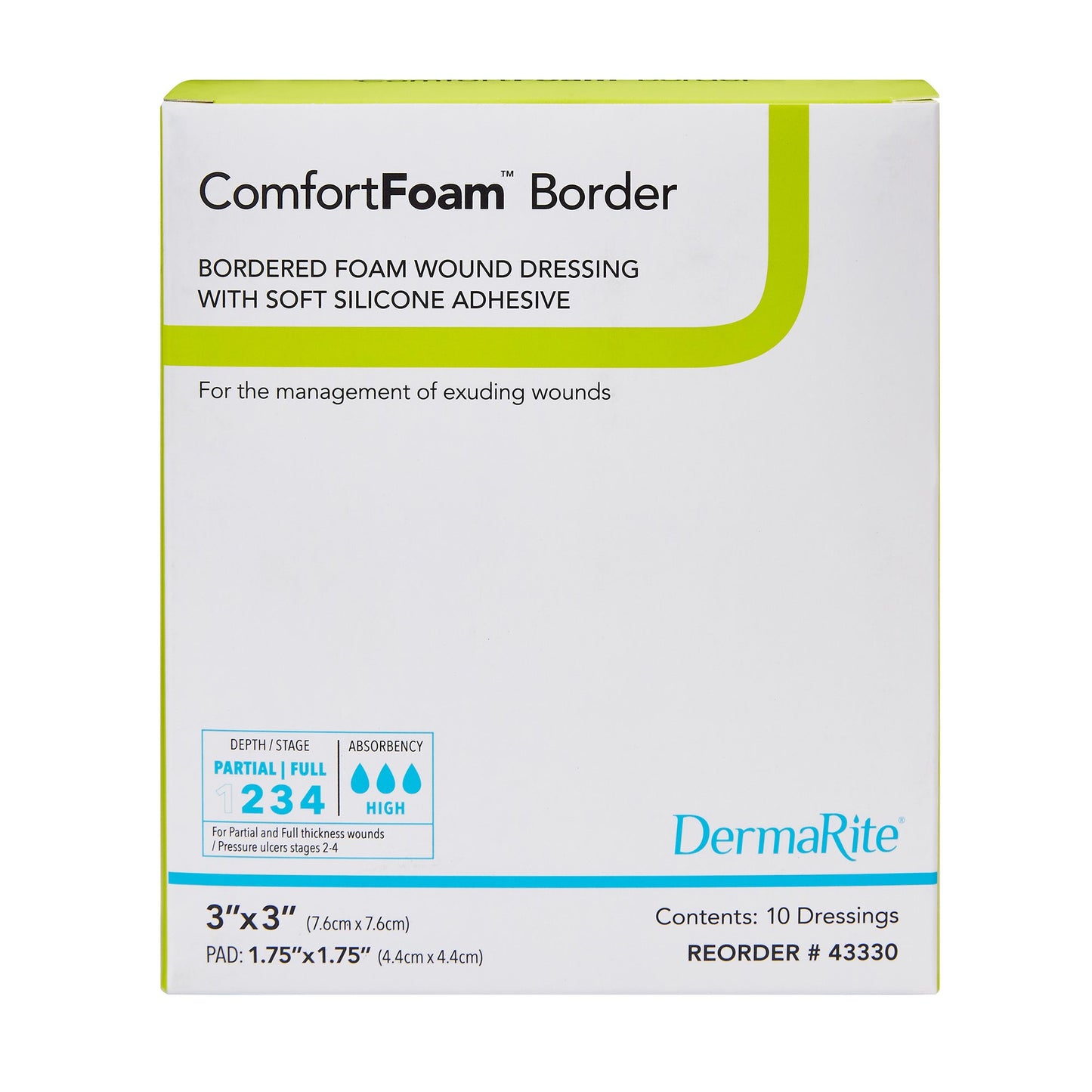 Dermarite 43330 ComfortFoam™ Border Foam Wound Dressing w/ Soft Silicone Adhesive, 7.6 x 7.6 cm
