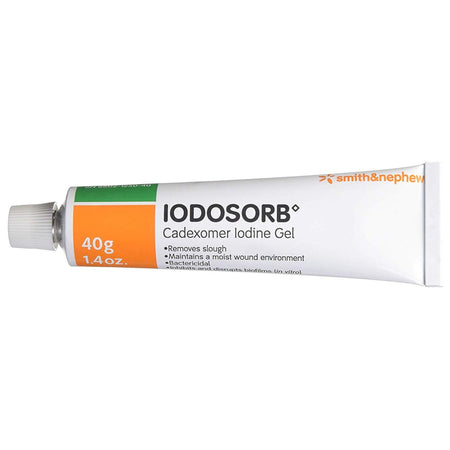 A 40g tube of Smith and Nephew 6602125040 Iodosorb cadexomer iodine wound gel at Lexicon Medical Supply.