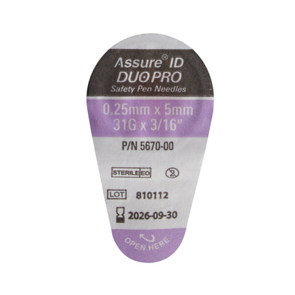 Safety Insulin Pen Needle Assure® ID DUO Pro 31 Gauge 5 mm Length Automatic Safety with Back-End Shield