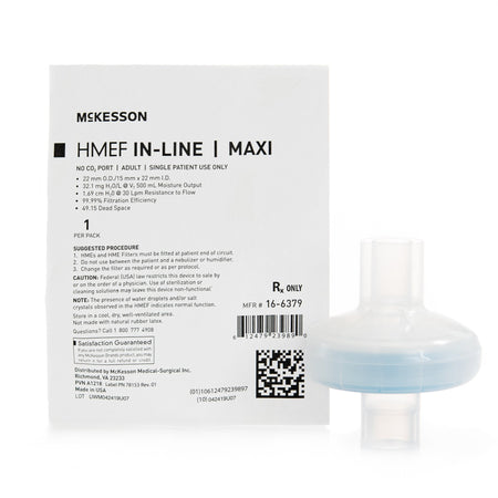 McKesson 16-6379 Heat and Moisture Exchanger with Filter 32.1 mg H₂O/L @ VT 500 mL 1.43 cm H₂O @ 30 LPM