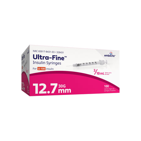 embecta 328431 Standard Insulin Syringe with Needle, 30 Gauge, 1/2 Inch, 0.3 mL
