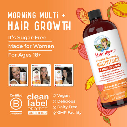 Multivitamin Supplement Mary Ruth's® Liquid Morning Multivitamin + Hair Growth Vitamin A / C / D / E 1,010 mcg - 90 mg - 20 mcg - 18 mg Strength Liquid 30 oz. Peach Mango Flavor