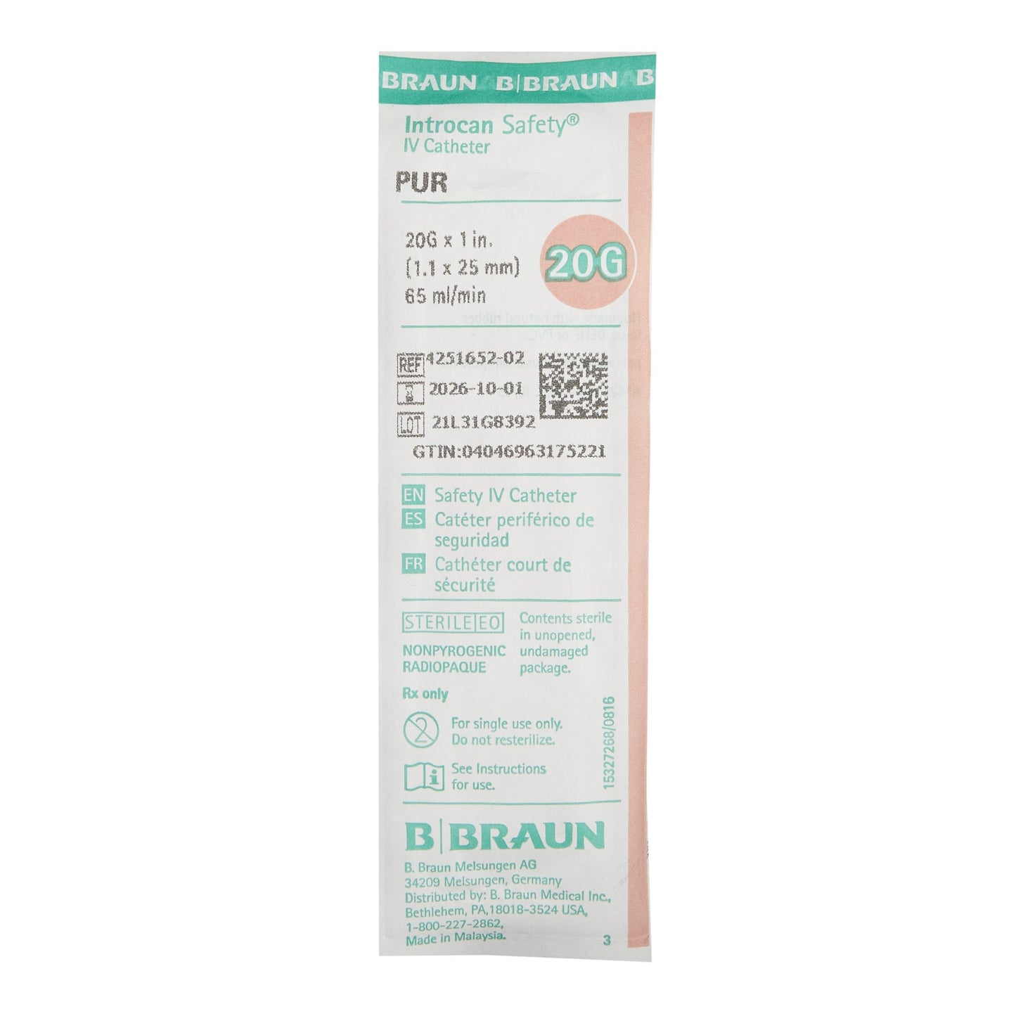 Introcan Safety® Peripheral IV Catheter, 20 Gauge, Straight
