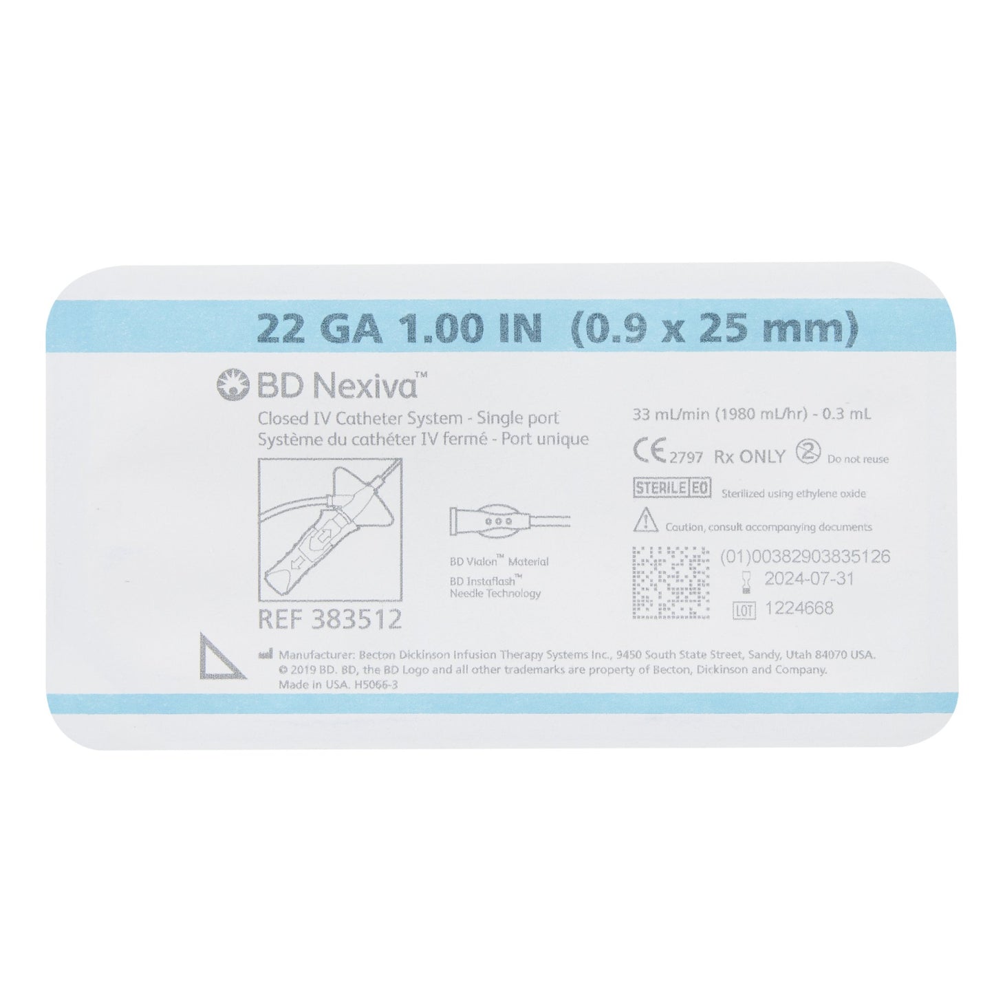 BD 383512 Closed IV Catheter Nexiva™ 22 Gauge 1 Inch Vialon Biomaterial Winged Hub Blood Control