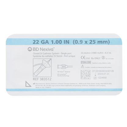 BD 383512 Closed IV Catheter Nexiva™ 22 Gauge 1 Inch Vialon Biomaterial Winged Hub Blood Control