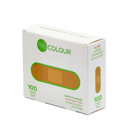 Tru-Colour TCB-GLS100 Skin Tone Shade Fabric Bandage Adhesive Strips – Olive, 1 x 3 Inch