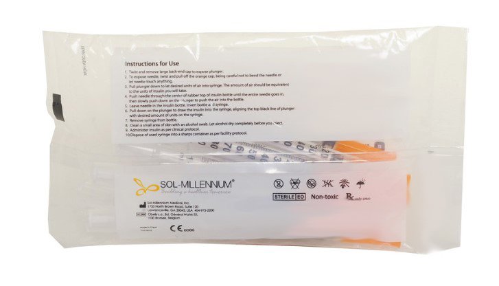 Standard Insulin Syringe with Needle Sol-M™ 1 mL 5/16 Inch 31 Gauge NonSafety Regular Wall
