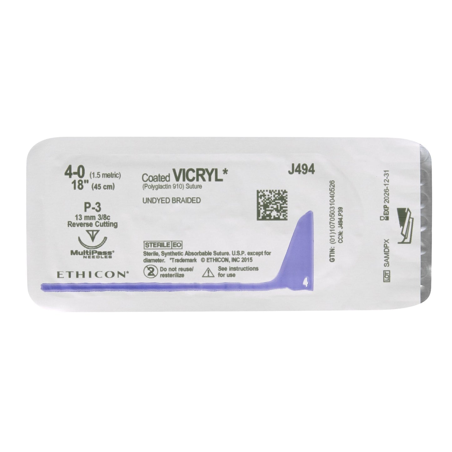 Ethicon Absorbable Suture with Needle Coated Vicryl™ Polyglactin 910 P-3 3/8 Circle Precision Reverse Cutting Needle Size 4-0 Braided