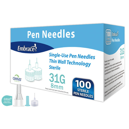 Omnis Health SHN02MM31.08 Embrace Safety Insulin Pen Needle, 31 Gauge, 8 mm Length