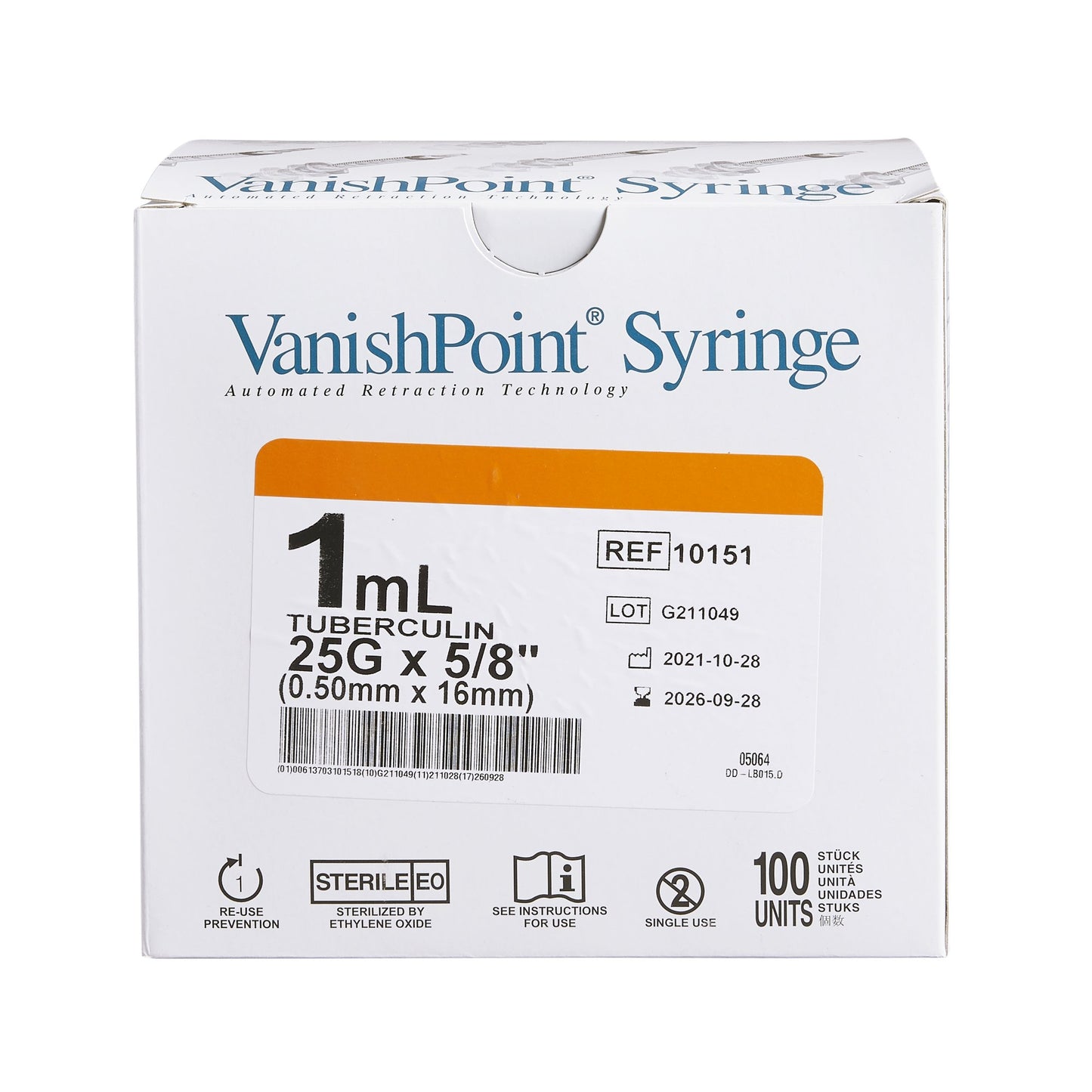 VanishPoint® 1 mL Tuberculin Syringe with Needle, 25 Gauge, 5/8 Inch Needle Length