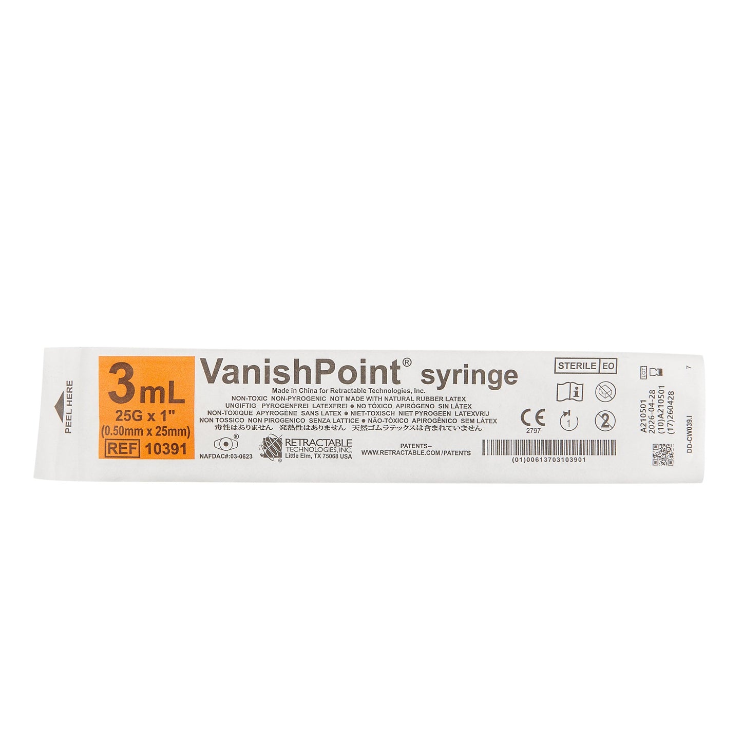 VanishPoint® 10391 3 mL Syringe with Hypodermic Needle, 25 Gauge, 1 Inch