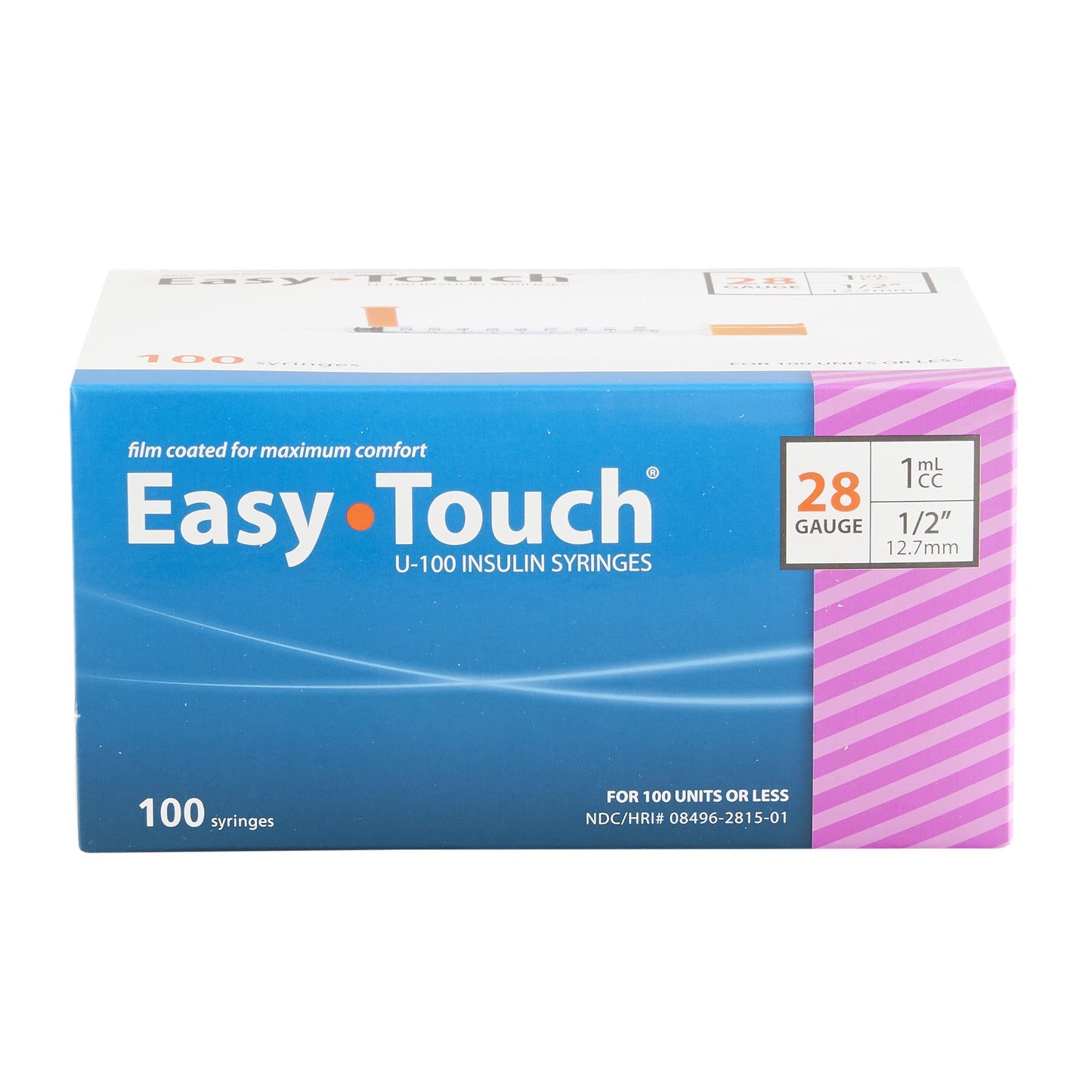 Standard Insulin Syringe with Needle EasyTouch™ 1 mL 1/2 Inch 28 Gauge NonSafety Thin Wall