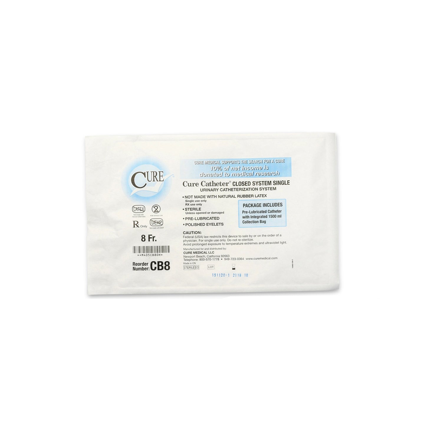 Intermittent Closed System Catheter Cure Catheter® Closed System Unisex / Straight Tip 8 Fr. Without Balloon