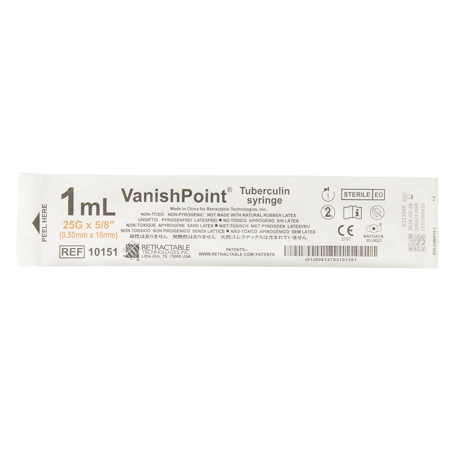 VanishPoint® 1 mL Tuberculin Syringe with Needle, 25 Gauge, 5/8 Inch Needle Length