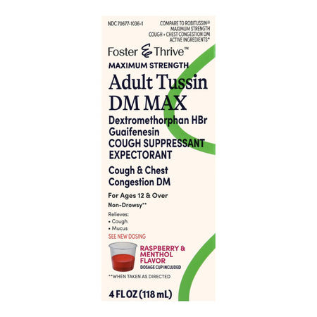 McKesson 70677103601 Foster & Thrive Adult Tussin DM Max Liquid, Raspberry & Menthol