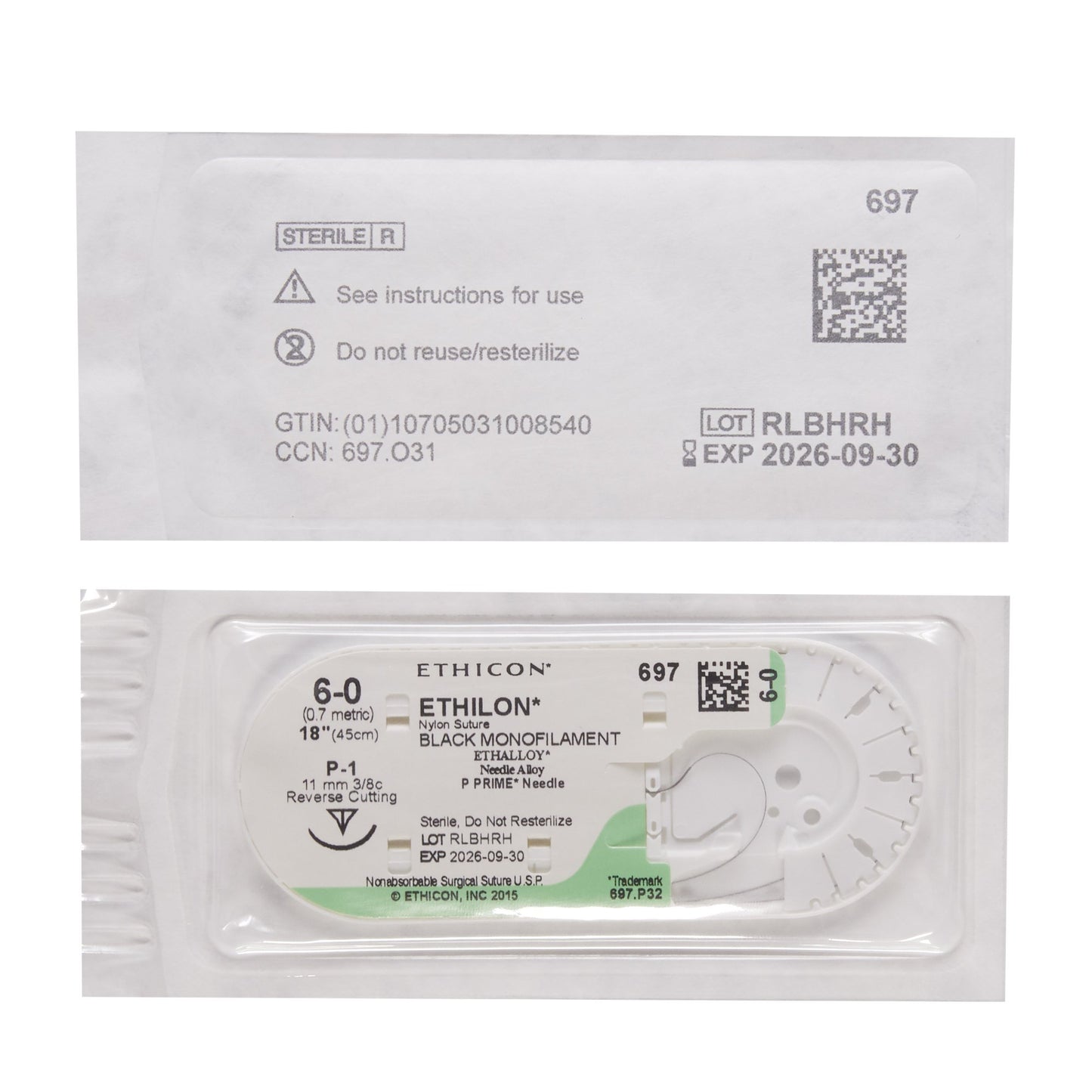 Ethicon 697G Nonabsorbable Suture with Needle Ethilon™ Nylon P-1 3/8 Circle Precision Reverse Cutting Needle Size 6-0 Monofilament