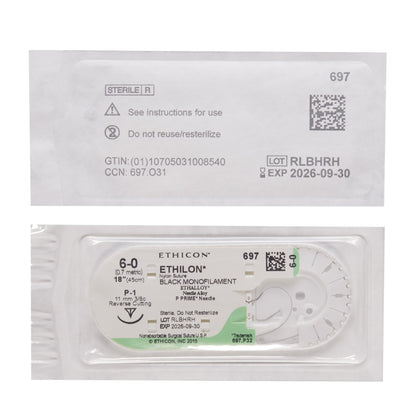 Ethicon 697G Nonabsorbable Suture with Needle Ethilon™ Nylon P-1 3/8 Circle Precision Reverse Cutting Needle Size 6-0 Monofilament
