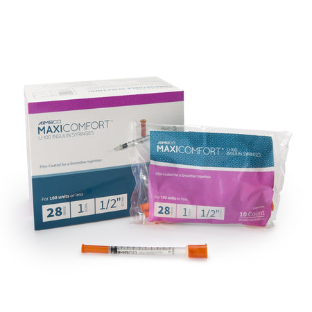 MHC Medical 503 MaxiComfort II Standard Insulin 1mL Syringe with Needle, 28 Gauge