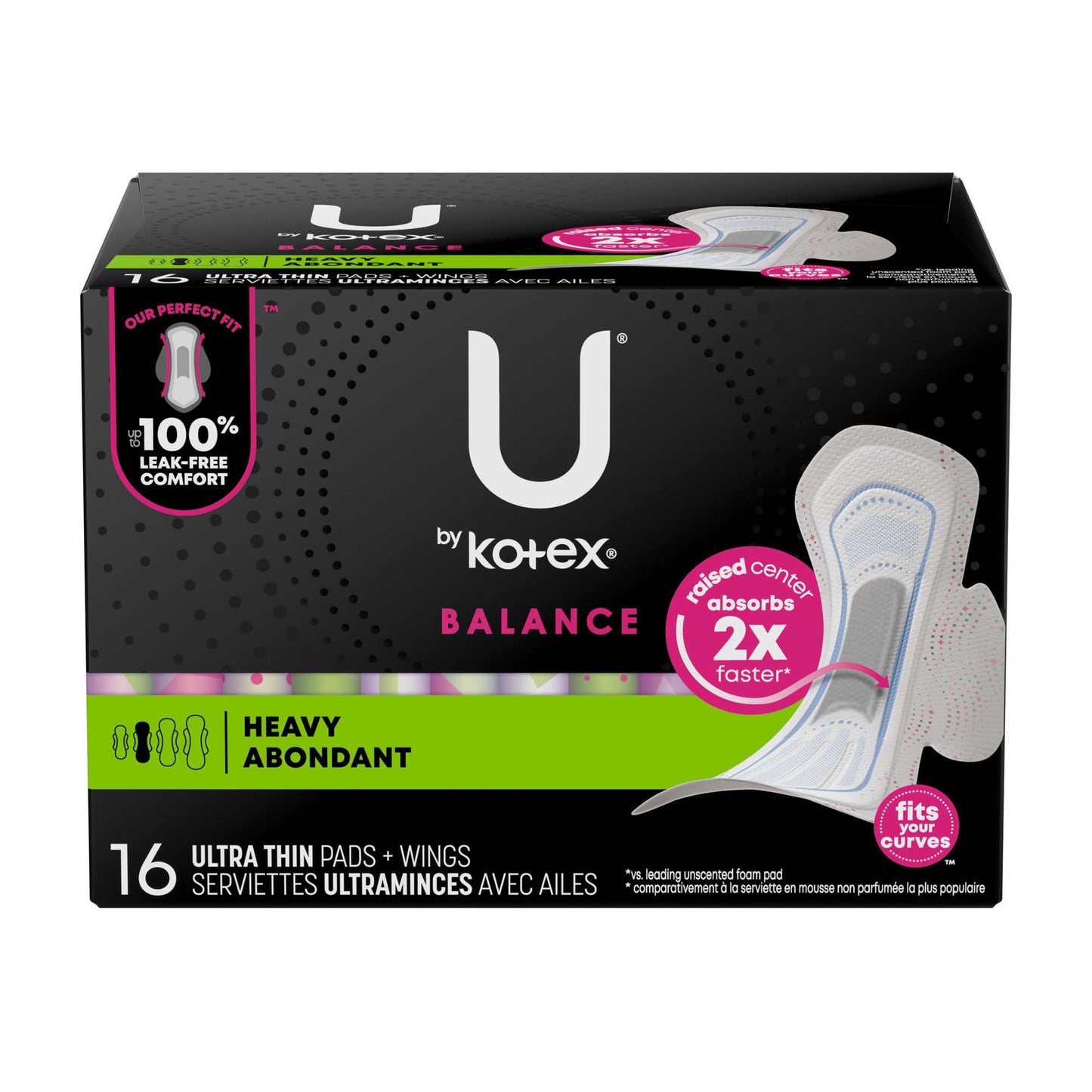 Feminine Pad U by Kotex® Balance Ultra Thin Overnight with Wings Heavy Absorbency