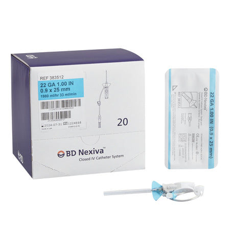 BD 383512 Closed IV Catheter Nexiva 22 Gauge 1 Inch Vialon Biomaterial Winged Hub Blood Control