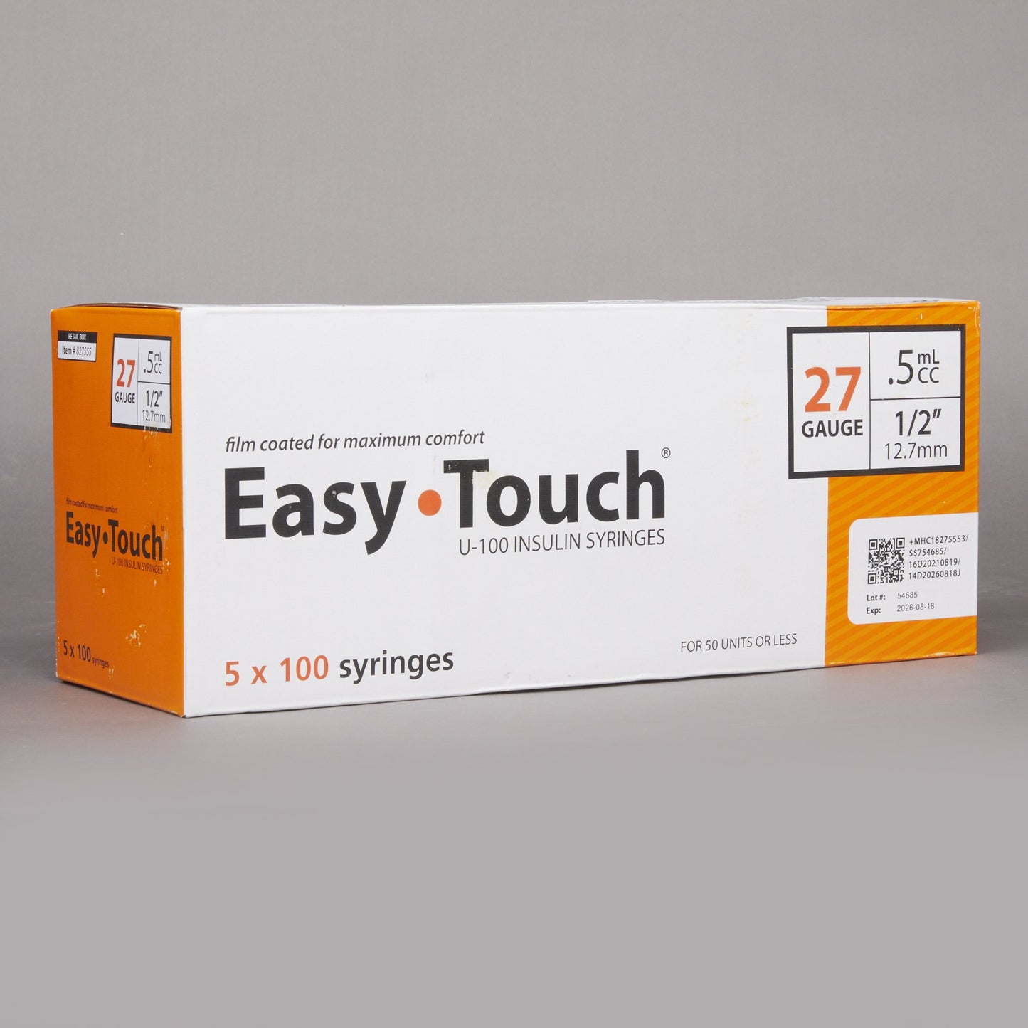 Standard Insulin Syringe with Needle EasyTouch™ 0.5 mL 1/2 Inch 27 Gauge NonSafety Thin Wall